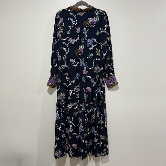 LOFT Navy Pheasant Pleated Floral Peacock Maxi Long Sleeve Dress Women Size 12T - Picture 4 of 9